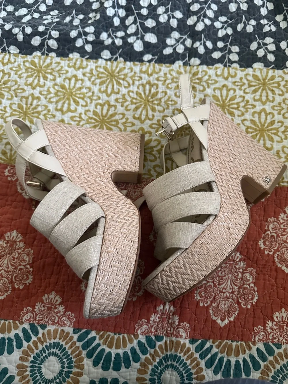 Sam Edelman Beige Linen Strappy Platform Sandals